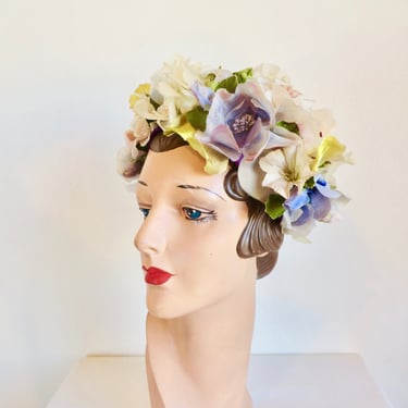 1960's Spring Pastel Silk Floral Hat Flowerpot Style Allover Flowers Garden Party Bridal Wedding 60's Millinery Coralie 