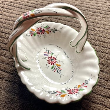 Sweet Portugal Basket~ Hand-painted ~ White floral small serving bowl with twisted handle~ Fruit/Lemon/ Nut Dish 