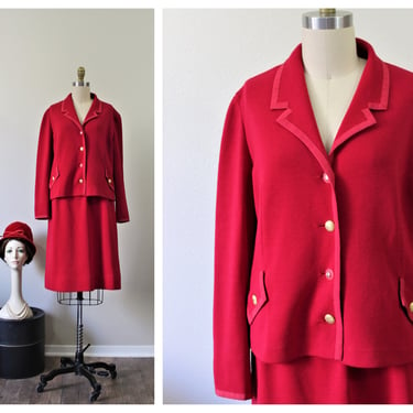 Vintage 1960s I Magnin Red pure Wool Knit Hummer Vienna Austria sweater Dress Set jacket skirt // Modern Size US 8 10 Med Large 