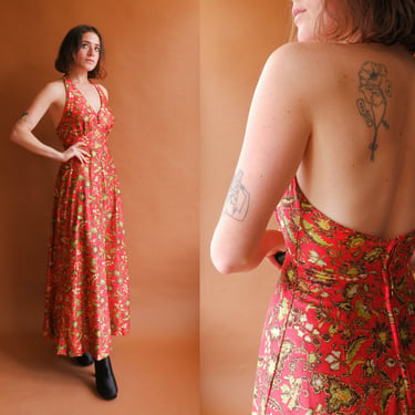Vintage 70s Batik Floral Halter Dress/ 1970s Backless Red Maxi Dress/ Size XS 