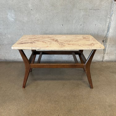 Mid Century Modern Low Coffee Table with Wood Bottom and Faux Marble Top