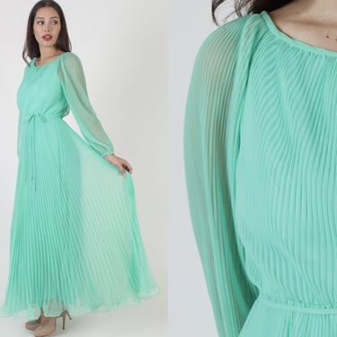 Miss Elliette 70s Mint Chiffon Dress With Matching Belt / Vintage 1970s Cascading Ruffle Pleated Gown / Long Sheer See Through Sleeves 