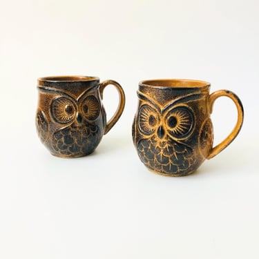 Mid Century Pottery Owl Mugs - Set of 2 