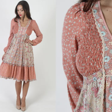 Jody T Calico Floral Smocked Midi Dress, Vintage Designer Cottagecore Style Prairie Gown, 70s Lace Up Corset Size 7 