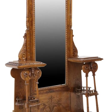 Antique Hall Stand, Mirrored, Italian Carved, Walnut, Beveled Mirror, E. 1900's