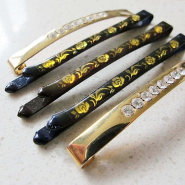 Vintage Hair Barrettes lot of 5 - Gold Rhinestone Hair Clips - Floral Embossed Metal Bobby Pins 