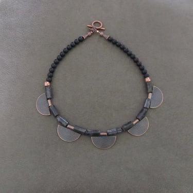 Ethnic statement necklace, black and copper necklace 