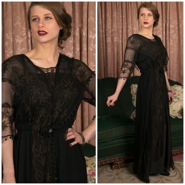 Antique Edwardian Dress - Delicate Ultra Sheer Vintage 1910s Silk Overdress Dress with Lace 