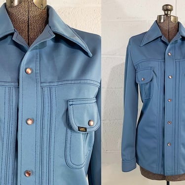 Vintage Lee Shirt Heavyweight Pearl Snap Front Collared Jacket Baby Blue Long Sleeve Top Collar Medium Large 1970s 