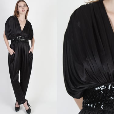 1970s Draped Glam Disco Party Jumpsuit With Hip Pockets 