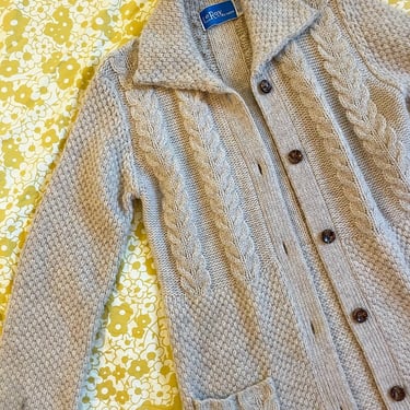 1970s vintage beige cable knit wool duster sweater, medium, button up 