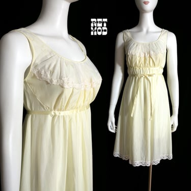 Sweet Vintage 60s 70s Light Butter Yellow Babydoll Cotton Nightgown with Lace Sheer Ruched Top 