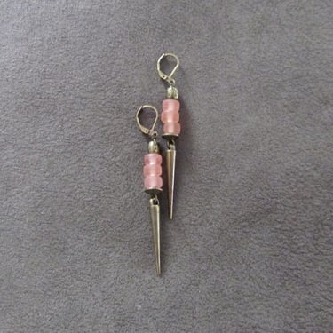 Peach frosted glass earrings, bronze spike 