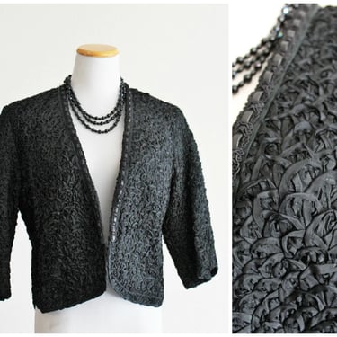 Vintage 40's 50's Black curly RIBBON Soutache Crop bolero shrug Jacket coat cardigan - gorgeous! 