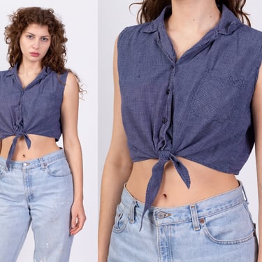 Retro Blue Plaid Tie Front Crop Top - Large | Vintage Button Up Sleeveless Gingham Checkered Shirt 