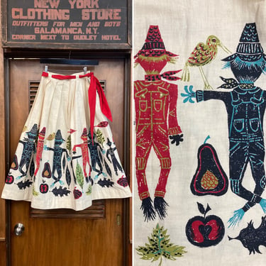 Vintage 1950’s Atomic Scarecrow Pattern Cotton Rockabilly Skirt, Scarecrow Print, 1950’s Skirt, Novelty Print, Rockabilly, Folk Art, Cotton, 