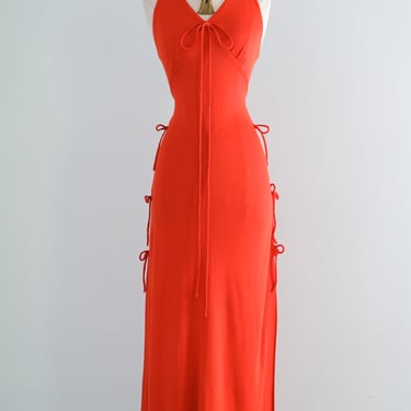 RED HOT 1970's High Slit Tie Orange Maxi Dress by Funky / Sz M