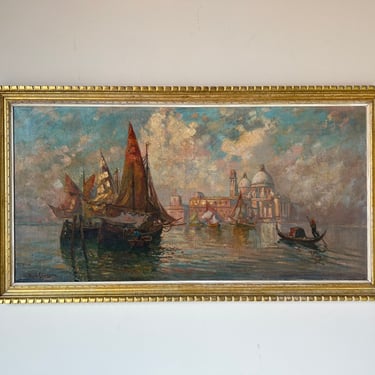 1960's Large Vintage View in Venice With Gondolas Oil on Canvas Painting, Framed 