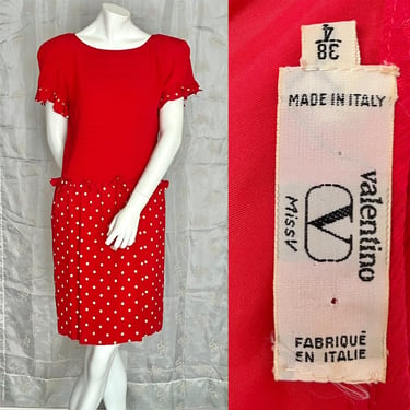 Red Silk Valentino Dress, Embossed Silk, Ruffled, Peplum, Made in Italy, Vintage 80s 90s 