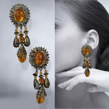 VINTAGE 50s Large Amber and Gold Cabochon Dangle Clip on Earrings | 1950s Statement Earrings Retro MCM Jewelry | VFG 