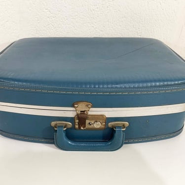 Vintage Blue Small Suitcase Train Case Overnight Bag Storage Luggage Travel Case 1950s 50s 