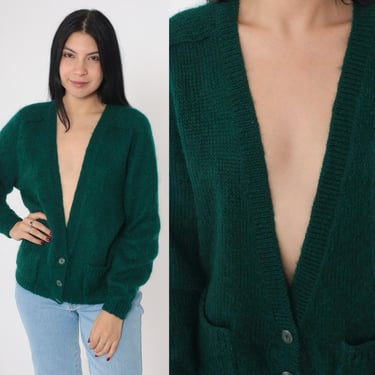 Green Mohair Blend Cardigan Sweater 90s Deep V Neck Dark Forest Green Soft Button Up 1990s Plain Knit Slouchy Vintage Retro Small 