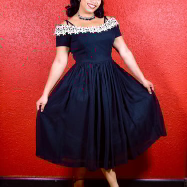 1950s Black Crepe Fit & Flare Dress Gigi Young 