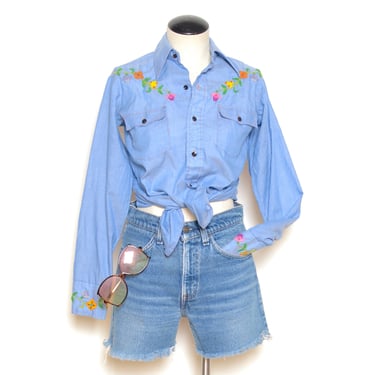 Vintage 70's EMBROIDERED Floral Chambray Shirt Sz S 
