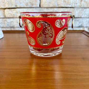 Mid Century Culver Glass Ice Bucket with Red & 22K Gold Paisley Designs 