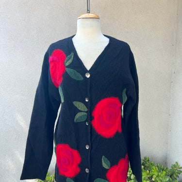 Vintage Susan Bristol boho wool cardigan black with red flowers Sz S 