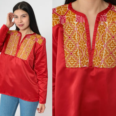 70s Embroidered Tunic Top Red Satin Blouse Boho Hippie Shirt Vintage Bohemian Bib 1970s Slit V Neck Long Sleeve Small 