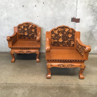Vintage Solid Teak & Mahogany Carved Lotus Design Asian Chairs