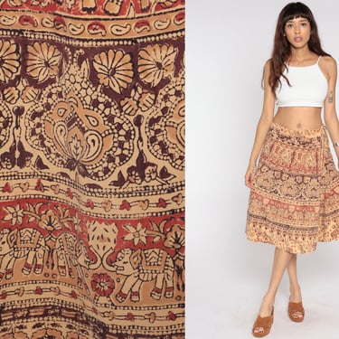 Indian Wrap Skirt 90s Batik Elephant Print Midi Boho 1990s Vintage Hippie Festival High Waist  Bohemian Red Orange Small Medium Large 