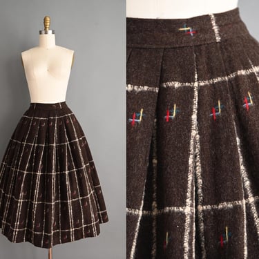 vintage 1950s Skirt | Chocolate Brown Wool Pleated Winter Skirt | XS 