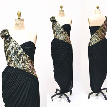 70s 80s Black Sequin Party Disco Dress Evening Gown by Lillie rubin Small Medium Gorgeous Draped Black Knit Asymmetrical Dress Goddess Dress 