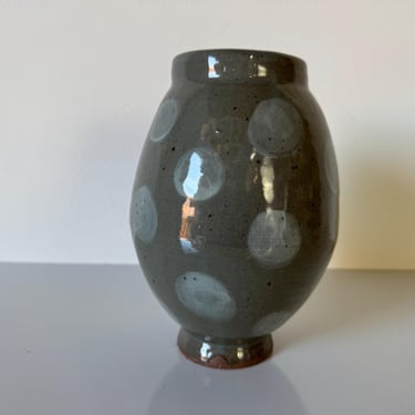 Vintage Green Glazed Studio Pottery Vase with Circle Desing 