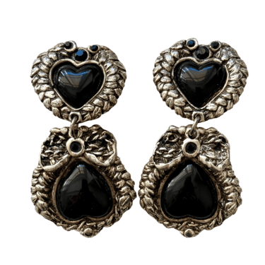 French Designer Jacky De G Huge Silver & Black Heart Earrings