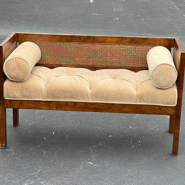 Vintage cane bench with lovely neutral fabric 