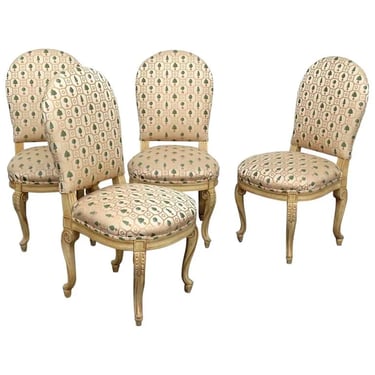 Superb Carved Creme Painted Set 4 French Louis XV Style Dining Side Chairs C1940