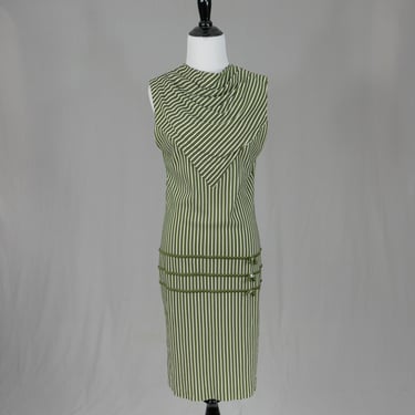 60s Green Drop Waist Dress - White & Black Stripes - Sleeveless Knit - Vintage 1960s - S 