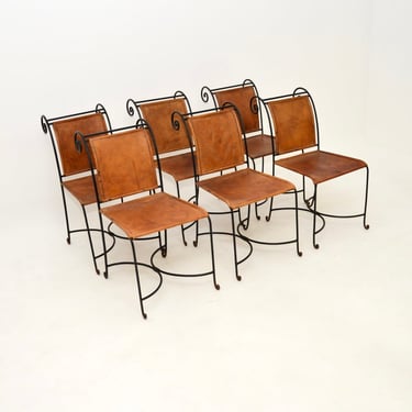 Set of Six Vintage Spanish Wrought Iron and Leather Dining Chairs