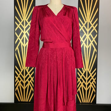 1980s wrap dress, red silk, vintage 80s dress, sexy secretary, long sleeve, pleated skirt, size medium, puff shoulders, draped, 31 32 waist 