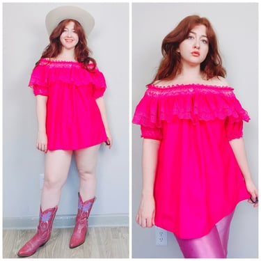 1980s Vintage Hot Pink Ruffled Tunic Length Blouse / 80s / Eighties Lace Trim Off Shoulder Micro Mini Dress / XL 