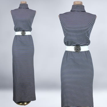 VINTAGE 60s Blue and Brown Striped Waffle Knit Maxi Dress by Alison Ayres Sz 14| 1960s MOD Mock Neck Side Slit Long Dress | VFG 