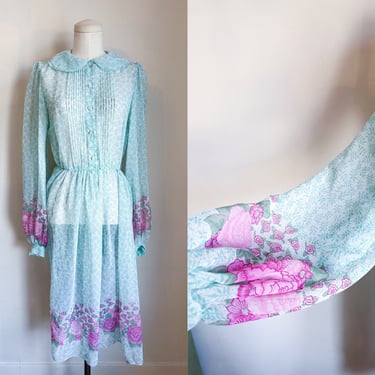 Vintage 1970s Mint & Pink Sheer Floral Dress / XS 