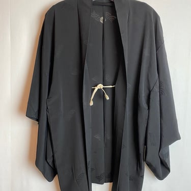 Beautiful vintage black Japanese silk kimono sheer fan shapes short jacket robe elegant layering overcoat authentic size S/M 