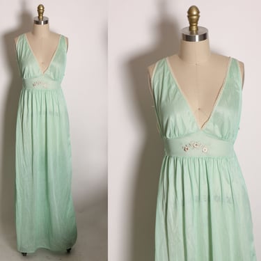 1970s Sea Foam Green Wide Strap Full Length Waist Tie Lingerie Night Gown by Mistra -M 