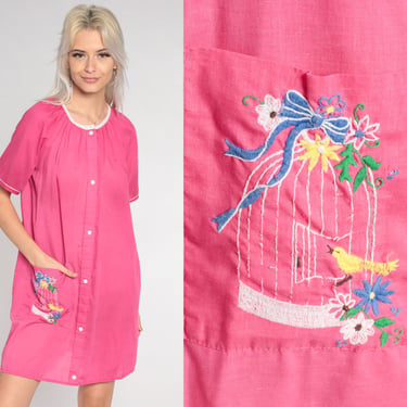 Pink Nightie 80s Pajama Dress Floral Bird Embroidered Mini Nightgown Retro Sleep Lounge Short Sleeve Snap Up Pajamas Vintage 1980s Large L 