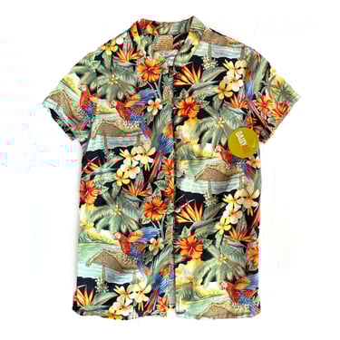 Hilo Hattie's Hawaiian Blouse, Tropical Print Shirt with Short Sleeves, Cotton Tropical Tiki Fabric, Mandarin Collar, Women's Summer Blouse 