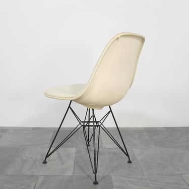 Vintage Charles Ray Eames Ivory White Upholstered DSR Eiffel Wire Base Dining Chair Shell Mid Century Modern Desk Home Office Herman Miller 